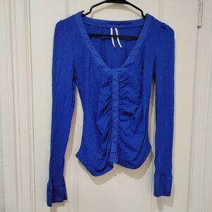 ANTHROPOLOGIE Blouse Ruched Front Button Cuffs Size Small Sapphire Blue
